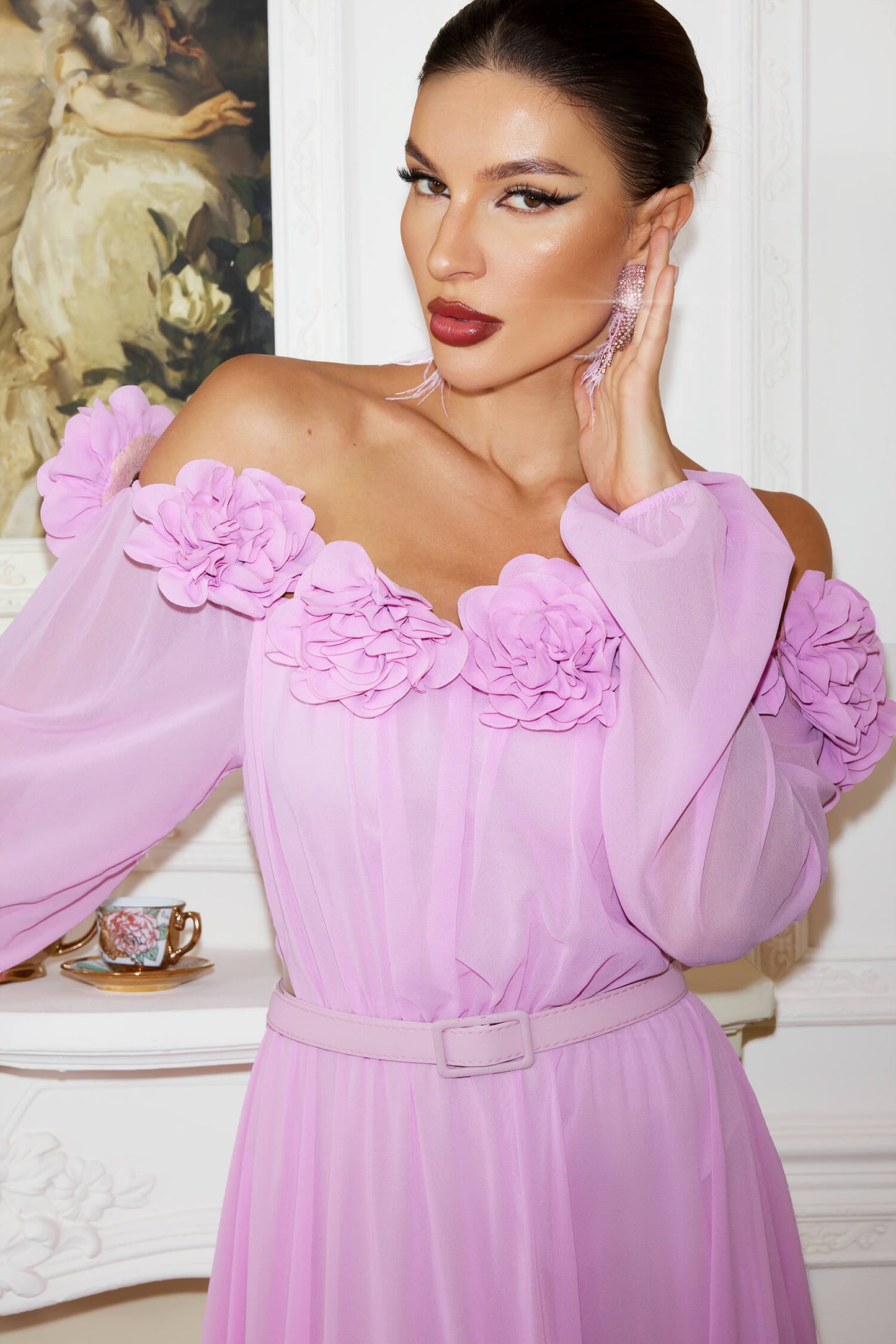 Appliques Long Puff Sleeve Dress - Lana