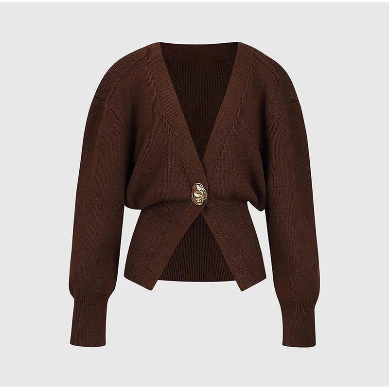Deep V Knitted Single Button Cardigan - Cassie