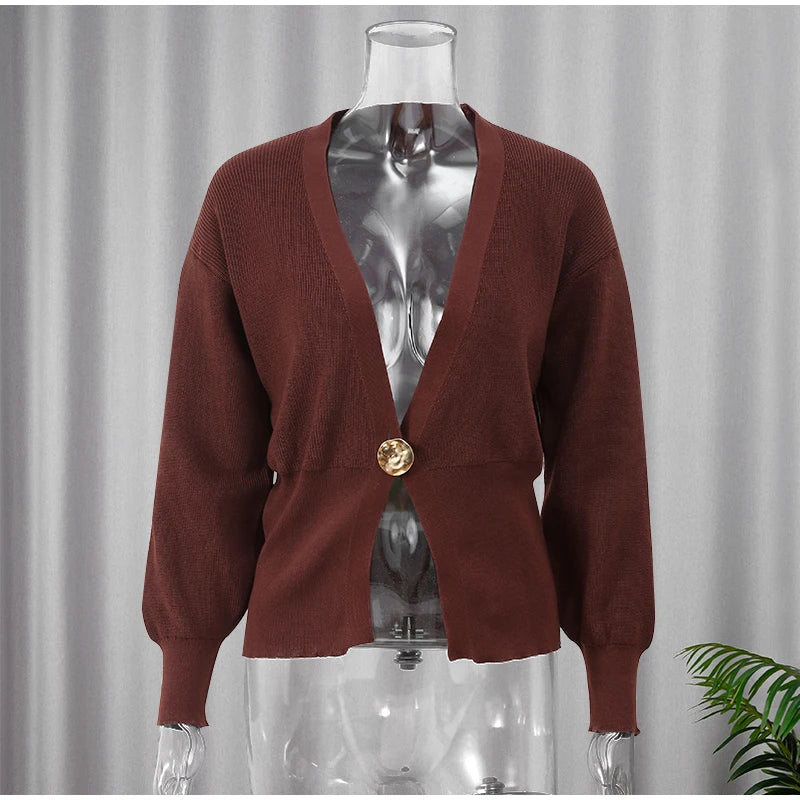 Deep V Knitted Single Button Cardigan - Cassie