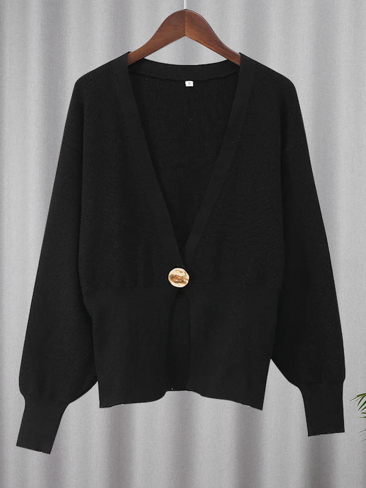 Deep V Knitted Single Button Cardigan - Cassie