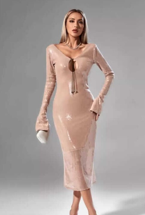 Deep V Backless Sequins Dress - Cherie
