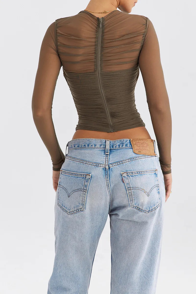 Sheer Mesh Long Sleeve Tops - Jenna